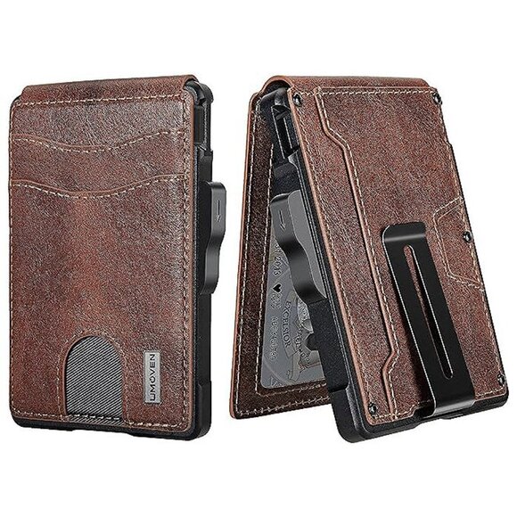 Wallet for Men - with Money Clip Slim Leather Slots , Brown Red - Picture 1 of 6